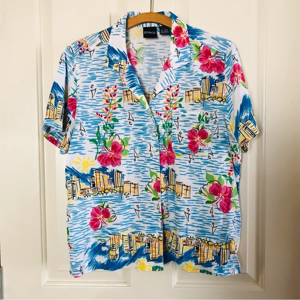 ERIKA Women’s Tropical Print Blouse Size Large